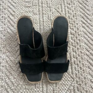 Vince Black Suede Espadrille Wedge Sandals Square Toe Made in Spain 7.5M